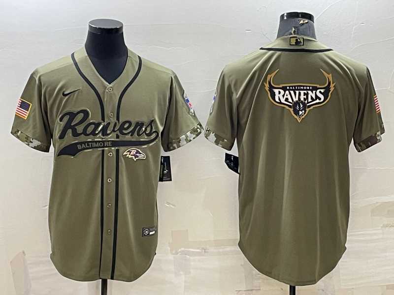 Mens Baltimore Ravens Olive Salute to Service Team Big Logo Cool Base Stitched Baseball Jersey